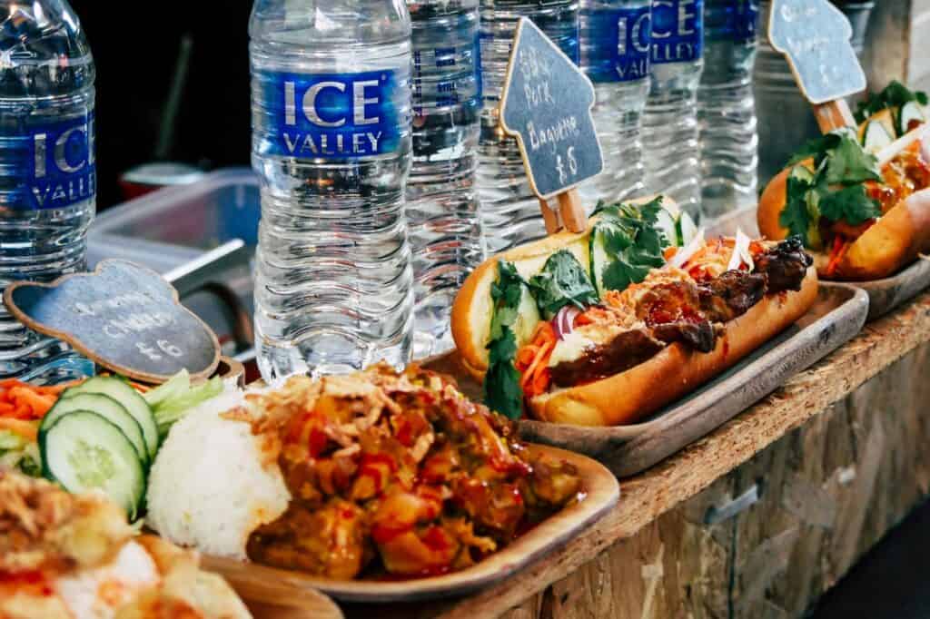 Sandwiches and bottled water for sale
