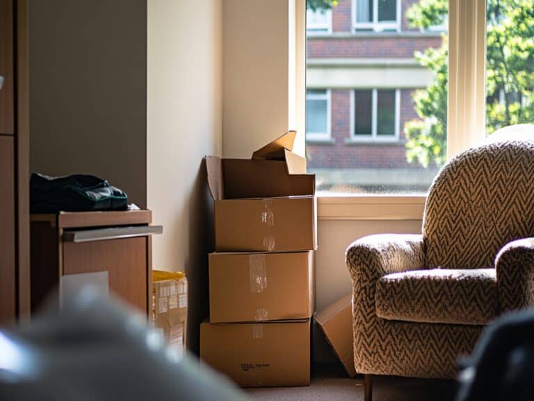 Cropped image of a bedroom with chair and full of moving in boxes in the concept of 'How to Settle into a New Home After Moving to Lewisham'.
