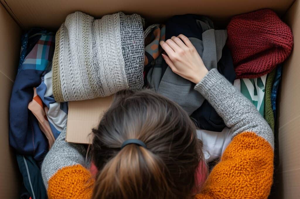 High-angle shot of a woman packing winter clothes ahead of the house move