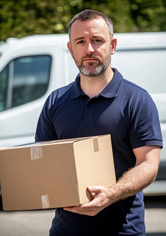 man wearing dark blue polo shirt holding a cardboard box