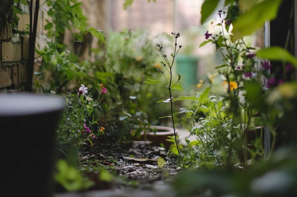 Closeup of a tiny garden in the concept of using cardboard for raising garden beds
